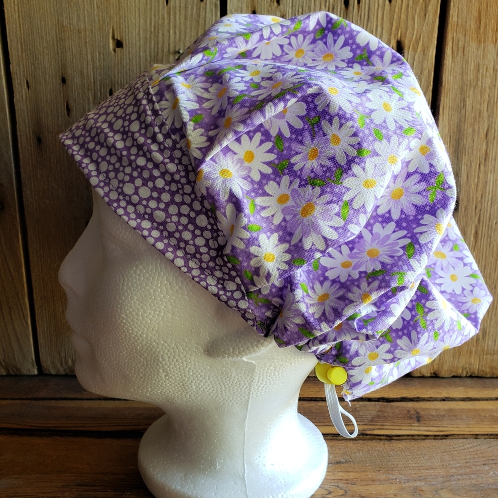 Daisy yellow and purple polka dot scrub hat NWOT